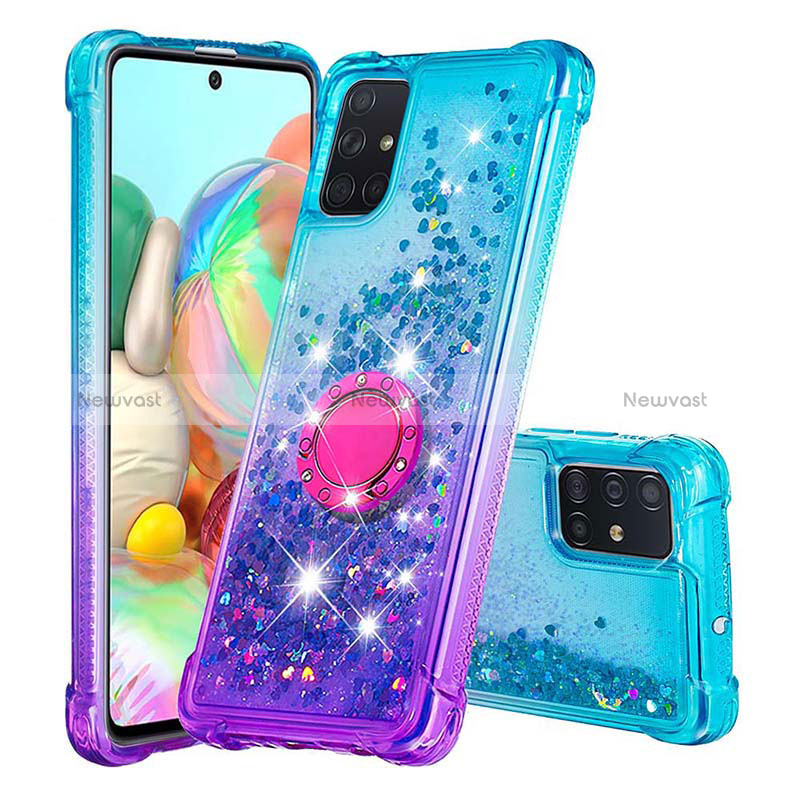 Silicone Candy Rubber TPU Bling-Bling Soft Case Cover with Finger Ring Stand S02 for Samsung Galaxy A71 5G Sky Blue