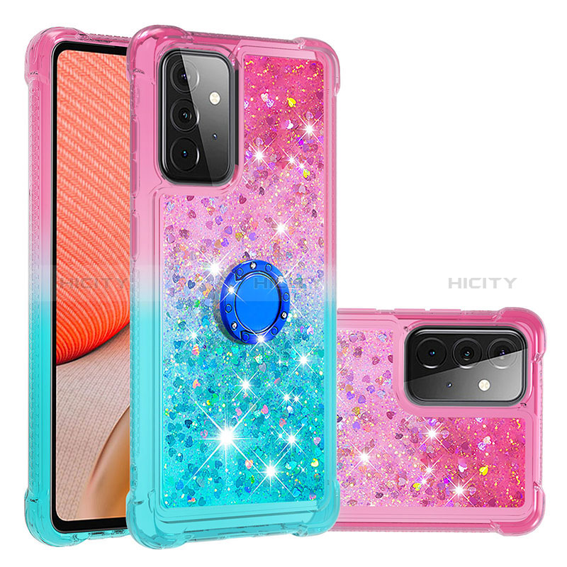 Silicone Candy Rubber TPU Bling-Bling Soft Case Cover with Finger Ring Stand S02 for Samsung Galaxy A72 5G Pink