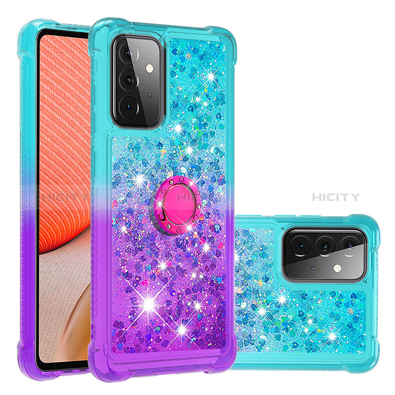 Silicone Candy Rubber TPU Bling-Bling Soft Case Cover with Finger Ring Stand S02 for Samsung Galaxy A72 5G Sky Blue