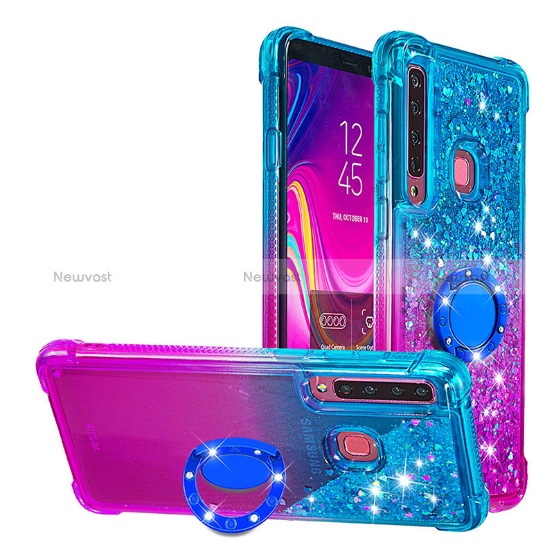 Silicone Candy Rubber TPU Bling-Bling Soft Case Cover with Finger Ring Stand S02 for Samsung Galaxy A9 Star Pro Sky Blue