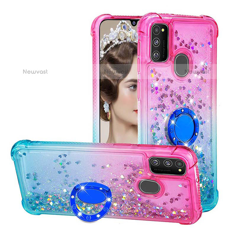 Silicone Candy Rubber TPU Bling-Bling Soft Case Cover with Finger Ring Stand S02 for Samsung Galaxy M21 Pink