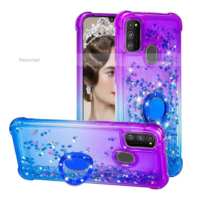 Silicone Candy Rubber TPU Bling-Bling Soft Case Cover with Finger Ring Stand S02 for Samsung Galaxy M21 Purple