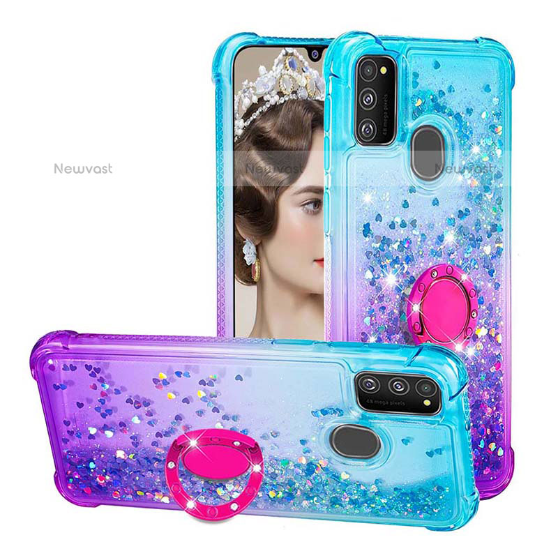 Silicone Candy Rubber TPU Bling-Bling Soft Case Cover with Finger Ring Stand S02 for Samsung Galaxy M21 Sky Blue