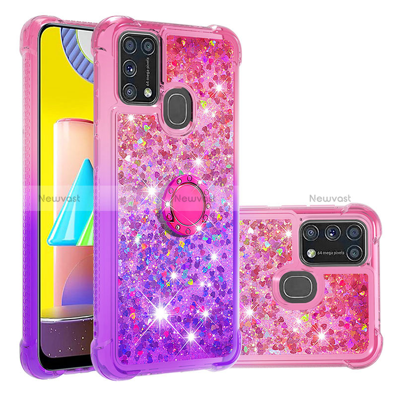 Silicone Candy Rubber TPU Bling-Bling Soft Case Cover with Finger Ring Stand S02 for Samsung Galaxy M21s Hot Pink