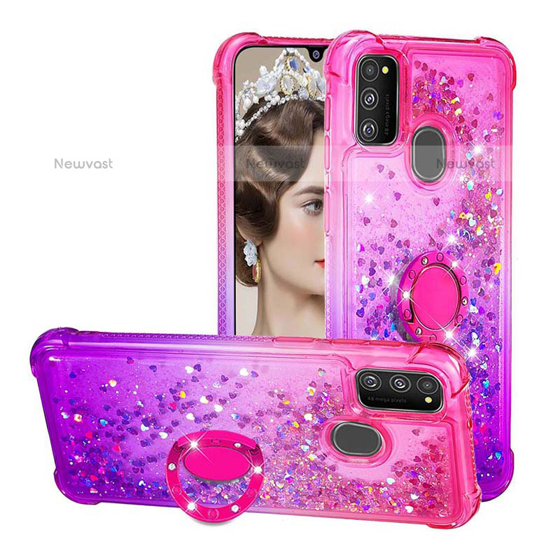 Silicone Candy Rubber TPU Bling-Bling Soft Case Cover with Finger Ring Stand S02 for Samsung Galaxy M30s Hot Pink
