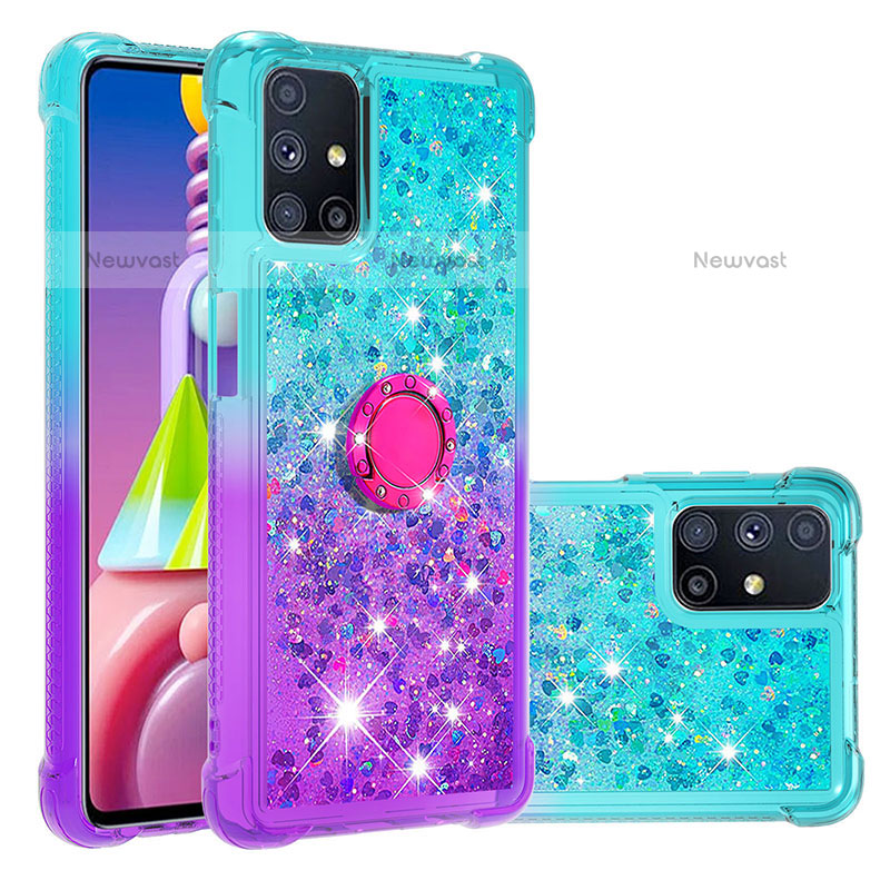 Silicone Candy Rubber TPU Bling-Bling Soft Case Cover with Finger Ring Stand S02 for Samsung Galaxy M51 Sky Blue