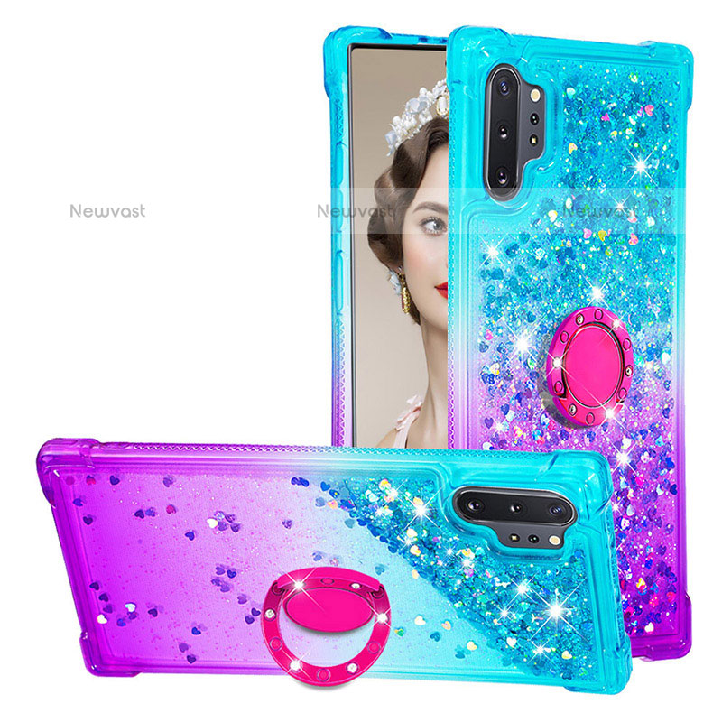 Silicone Candy Rubber TPU Bling-Bling Soft Case Cover with Finger Ring Stand S02 for Samsung Galaxy Note 10 Plus 5G Sky Blue