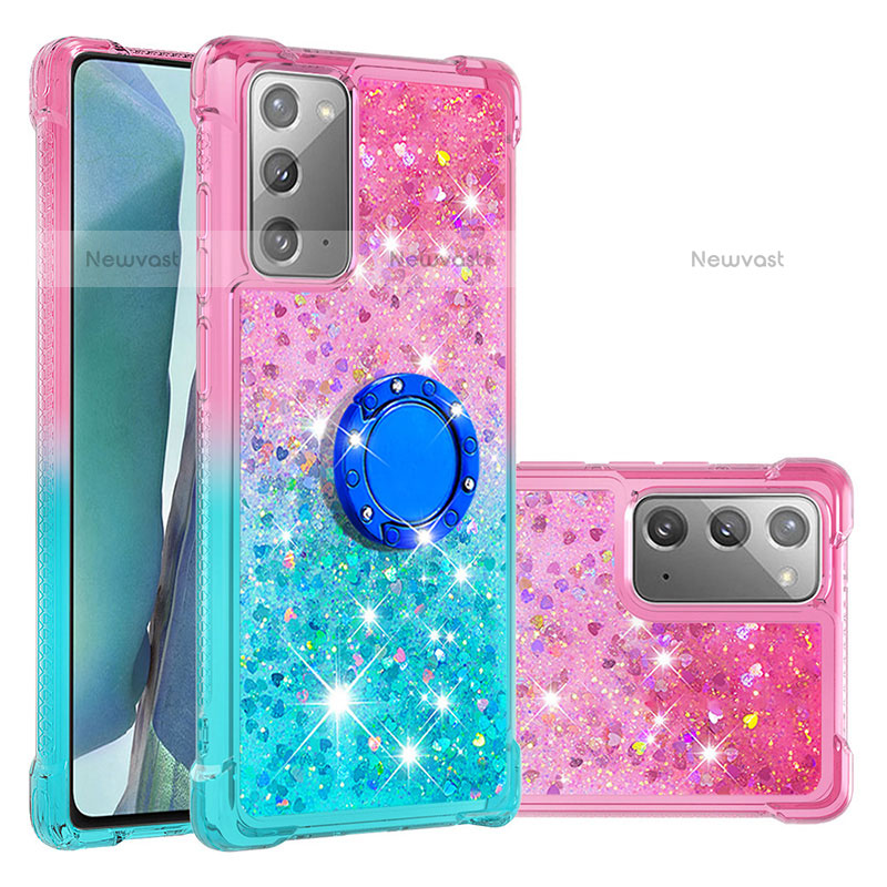 Silicone Candy Rubber TPU Bling-Bling Soft Case Cover with Finger Ring Stand S02 for Samsung Galaxy Note 20 5G Pink