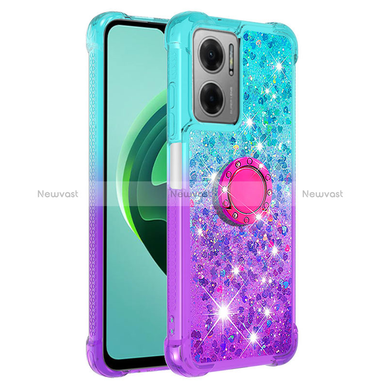 Silicone Candy Rubber TPU Bling-Bling Soft Case Cover with Finger Ring Stand S02 for Xiaomi Redmi Note 11E 5G Sky Blue