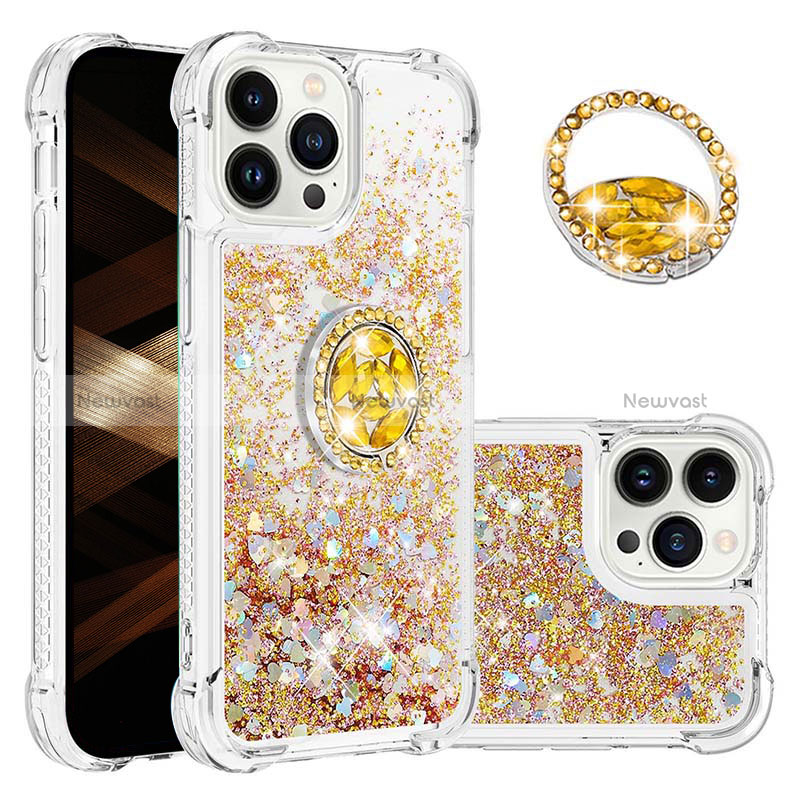 Silicone Candy Rubber TPU Bling-Bling Soft Case Cover with Finger Ring Stand S03 for Apple iPhone 13 Pro Max Gold
