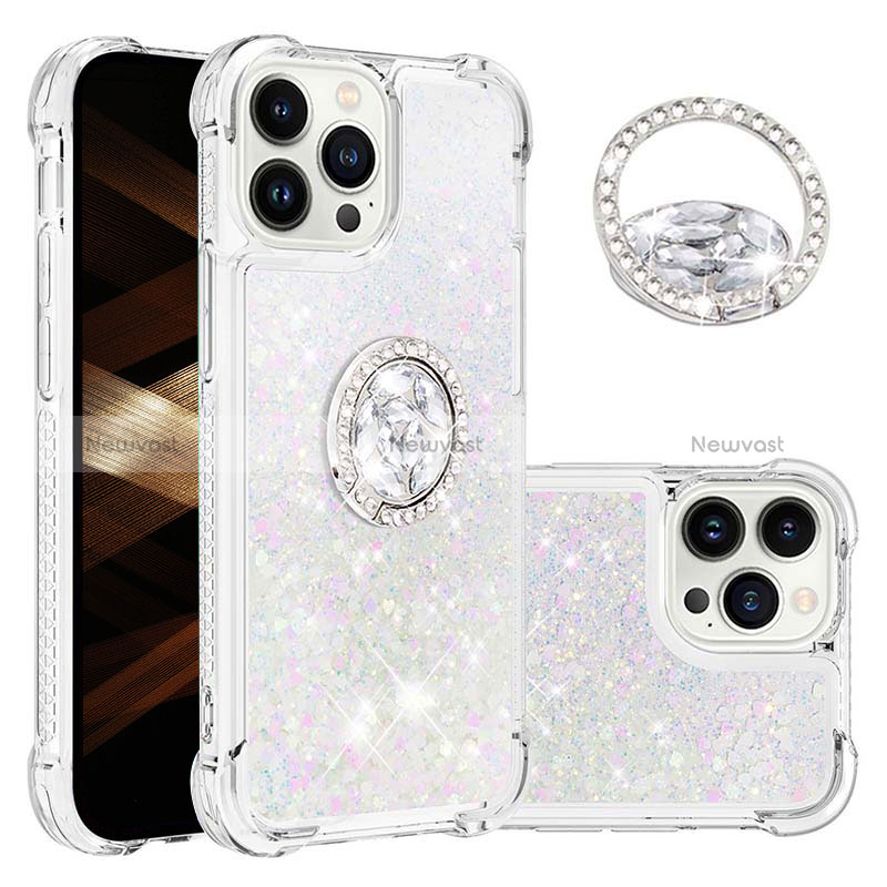 Silicone Candy Rubber TPU Bling-Bling Soft Case Cover with Finger Ring Stand S03 for Apple iPhone 13 Pro Max Silver