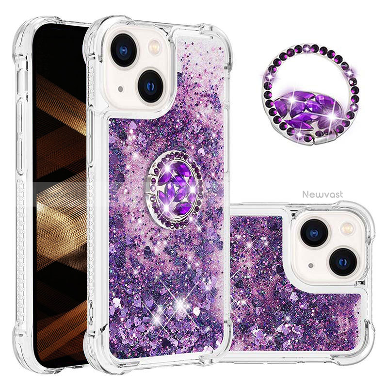 Silicone Candy Rubber TPU Bling-Bling Soft Case Cover with Finger Ring Stand S03 for Apple iPhone 13 Purple