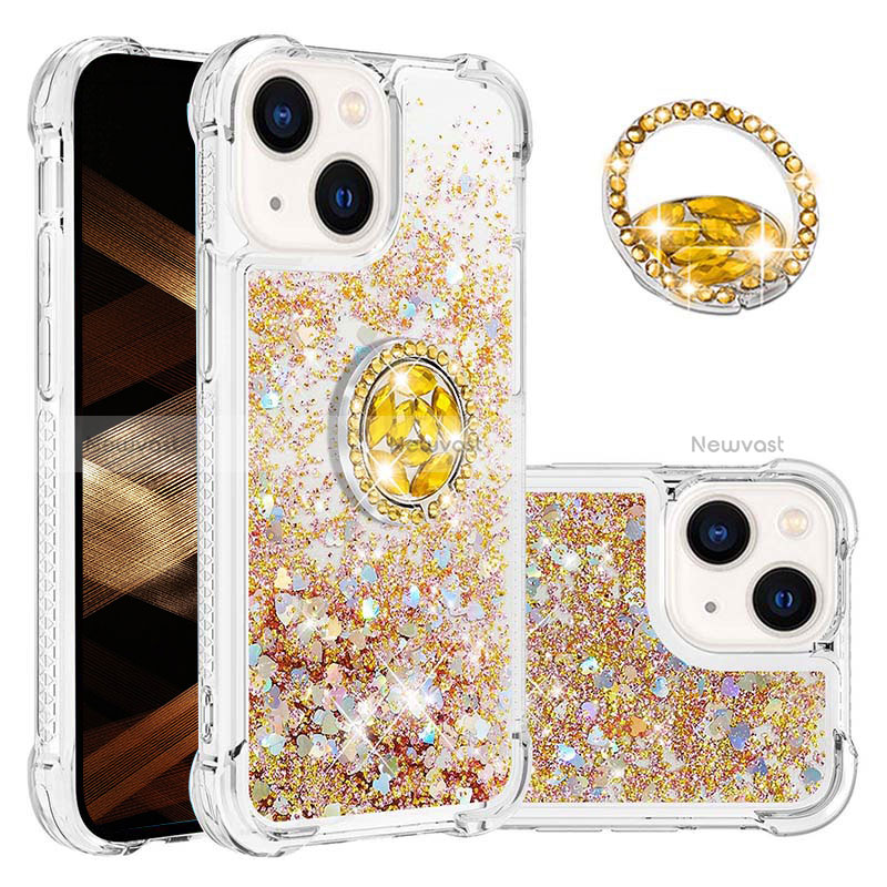 Silicone Candy Rubber TPU Bling-Bling Soft Case Cover with Finger Ring Stand S03 for Apple iPhone 14 Gold