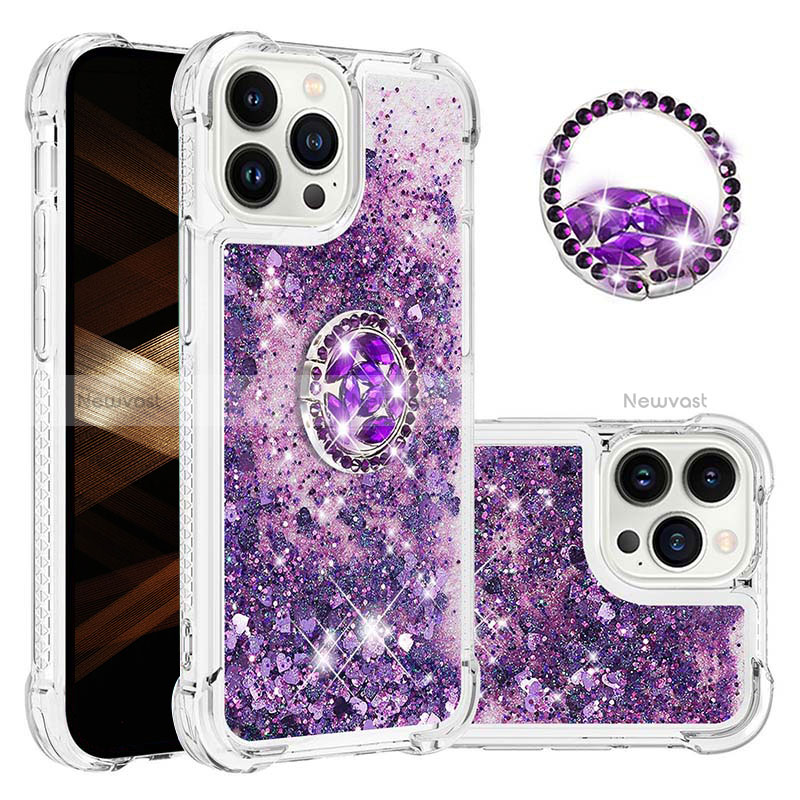 Silicone Candy Rubber TPU Bling-Bling Soft Case Cover with Finger Ring Stand S03 for Apple iPhone 14 Pro Purple