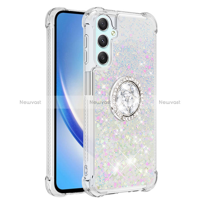 Silicone Candy Rubber TPU Bling-Bling Soft Case Cover with Finger Ring Stand YB1 for Samsung Galaxy A25 5G Silver