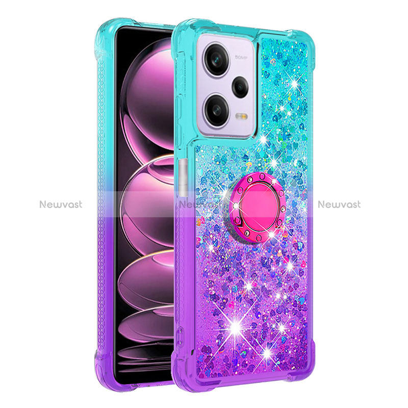 Silicone Candy Rubber TPU Bling-Bling Soft Case Cover with Finger Ring Stand YB2 for Xiaomi Redmi Note 12 Pro 5G Sky Blue