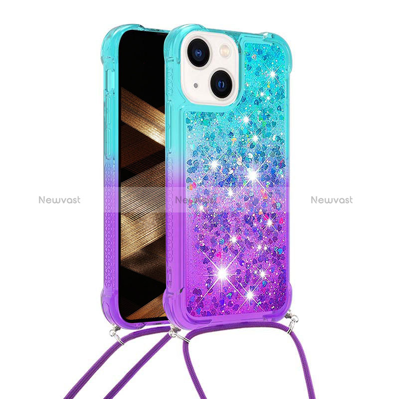 Silicone Candy Rubber TPU Bling-Bling Soft Case Cover with Lanyard Strap S01 for Apple iPhone 14 Plus Sky Blue