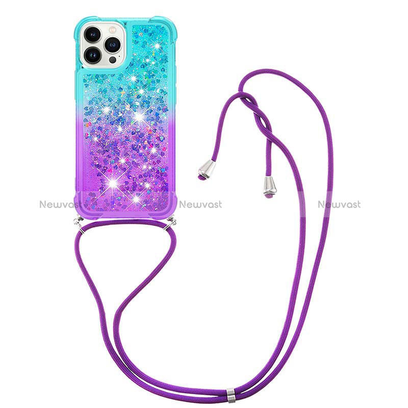 Silicone Candy Rubber TPU Bling-Bling Soft Case Cover with Lanyard Strap S01 for Apple iPhone 14 Pro