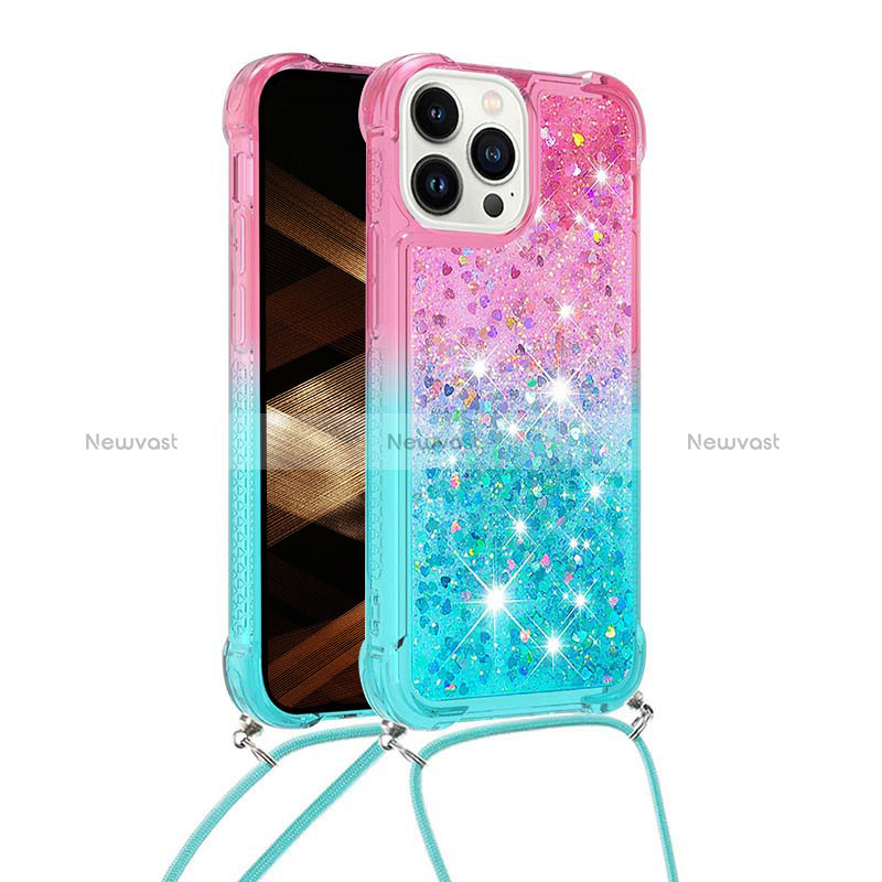 Silicone Candy Rubber TPU Bling-Bling Soft Case Cover with Lanyard Strap S01 for Apple iPhone 14 Pro Pink