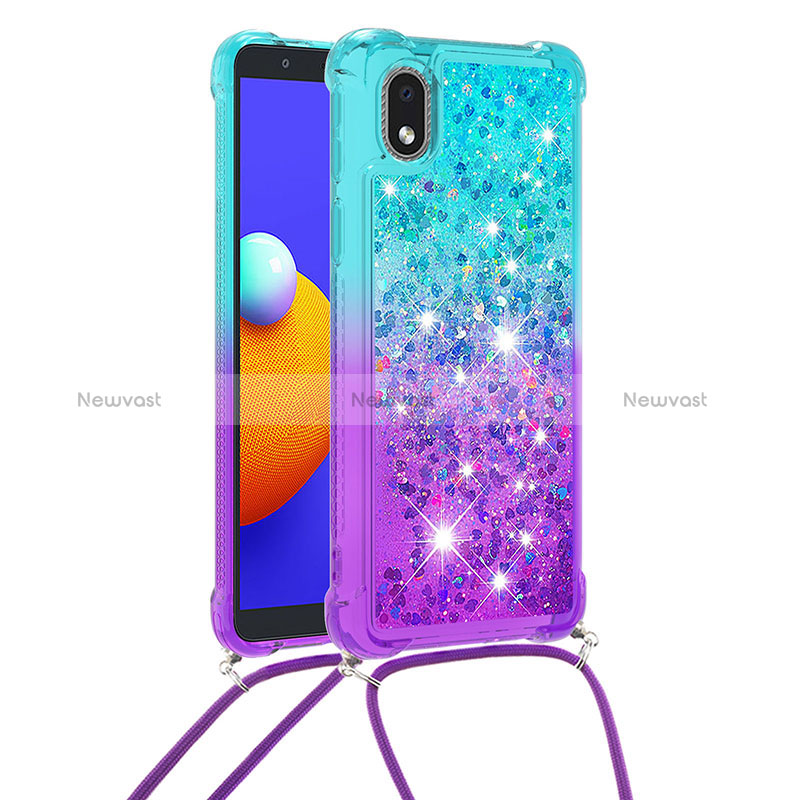 Silicone Candy Rubber TPU Bling-Bling Soft Case Cover with Lanyard Strap S01 for Samsung Galaxy A01 Core Sky Blue