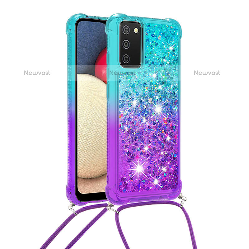 Silicone Candy Rubber TPU Bling-Bling Soft Case Cover with Lanyard Strap S01 for Samsung Galaxy A02s Sky Blue