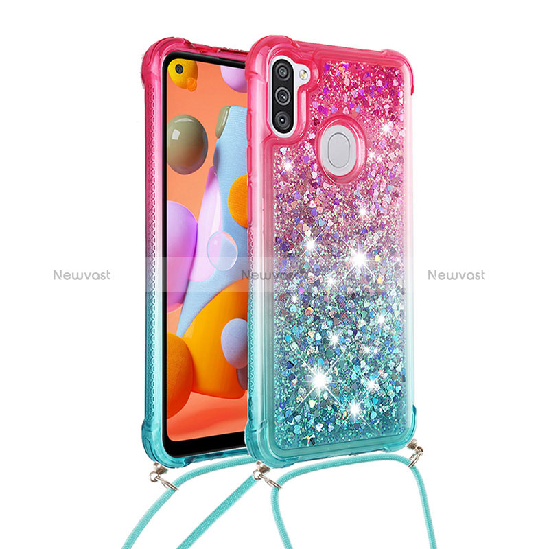 Silicone Candy Rubber TPU Bling-Bling Soft Case Cover with Lanyard Strap S01 for Samsung Galaxy A11 Pink