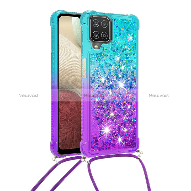 Silicone Candy Rubber TPU Bling-Bling Soft Case Cover with Lanyard Strap S01 for Samsung Galaxy A12 Nacho Sky Blue