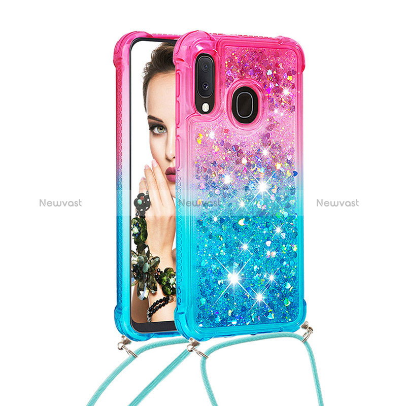 Silicone Candy Rubber TPU Bling-Bling Soft Case Cover with Lanyard Strap S01 for Samsung Galaxy A20e Pink