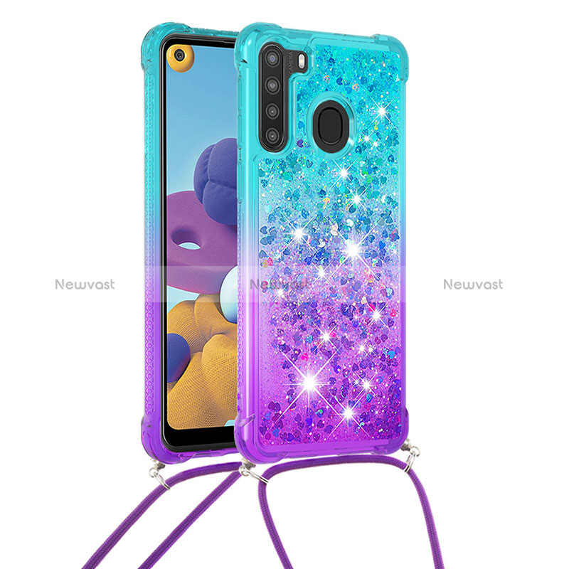 Silicone Candy Rubber TPU Bling-Bling Soft Case Cover with Lanyard Strap S01 for Samsung Galaxy A21 Sky Blue