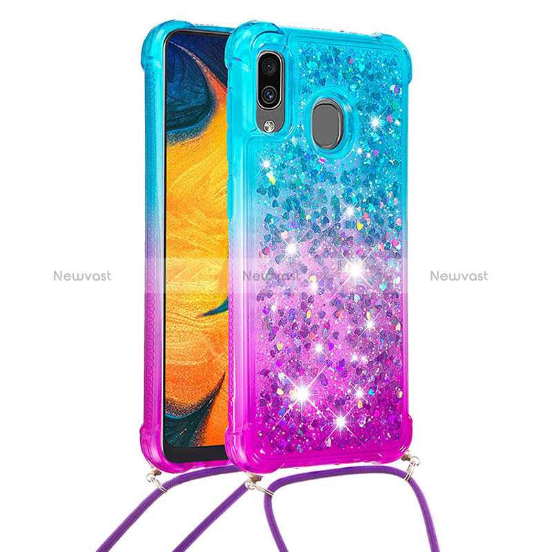 Silicone Candy Rubber TPU Bling-Bling Soft Case Cover with Lanyard Strap S01 for Samsung Galaxy A30 Sky Blue