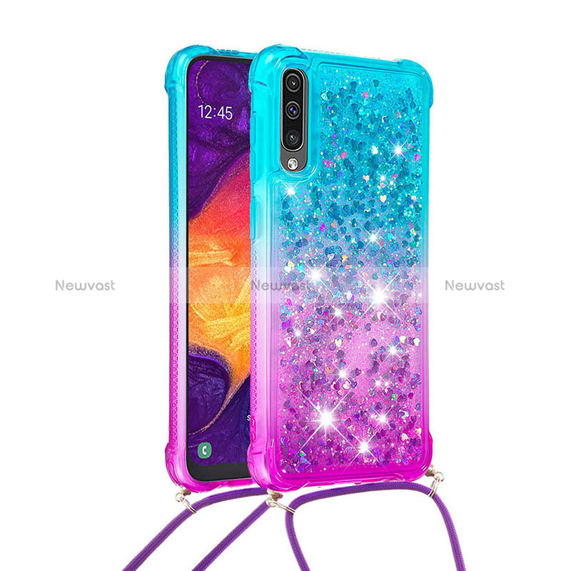 Silicone Candy Rubber TPU Bling-Bling Soft Case Cover with Lanyard Strap S01 for Samsung Galaxy A30S Sky Blue