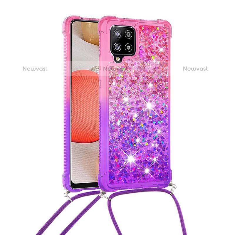 Silicone Candy Rubber TPU Bling-Bling Soft Case Cover with Lanyard Strap S01 for Samsung Galaxy A42 5G Hot Pink