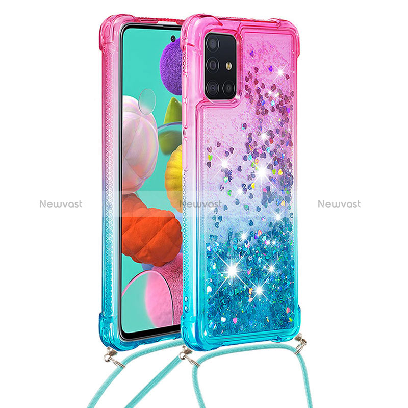 Silicone Candy Rubber TPU Bling-Bling Soft Case Cover with Lanyard Strap S01 for Samsung Galaxy A51 5G Pink