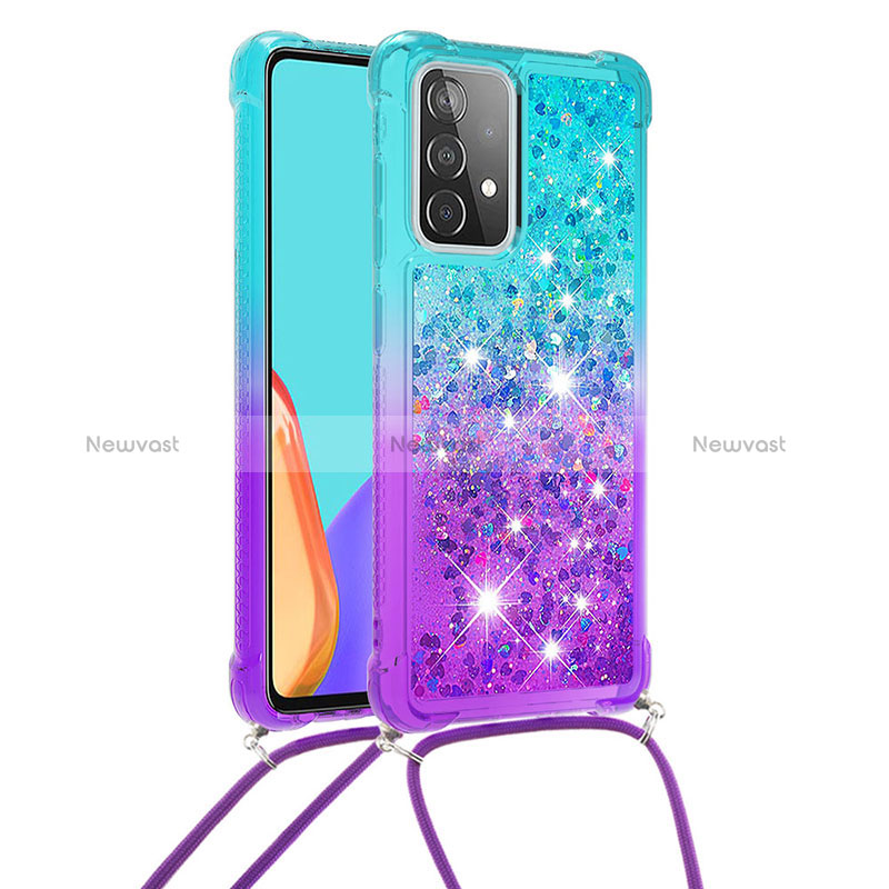 Silicone Candy Rubber TPU Bling-Bling Soft Case Cover with Lanyard Strap S01 for Samsung Galaxy A52 4G Sky Blue