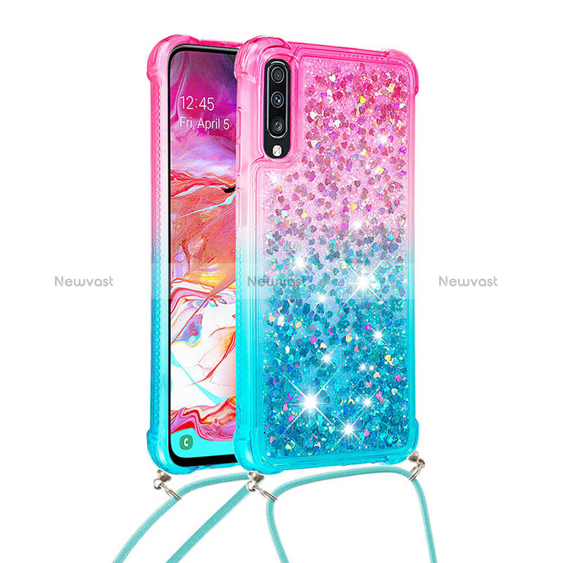 Silicone Candy Rubber TPU Bling-Bling Soft Case Cover with Lanyard Strap S01 for Samsung Galaxy A70 Pink