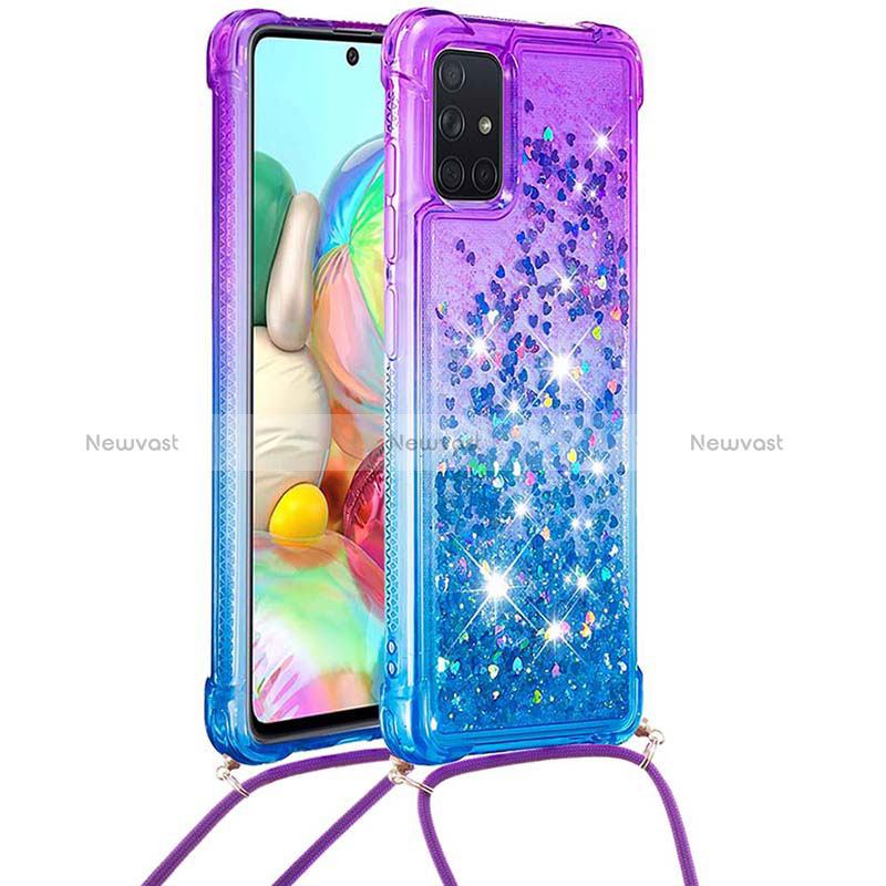 Silicone Candy Rubber TPU Bling-Bling Soft Case Cover with Lanyard Strap S01 for Samsung Galaxy A71 5G Purple