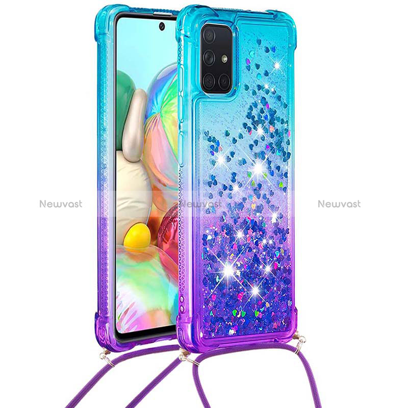 Silicone Candy Rubber TPU Bling-Bling Soft Case Cover with Lanyard Strap S01 for Samsung Galaxy A71 5G Sky Blue