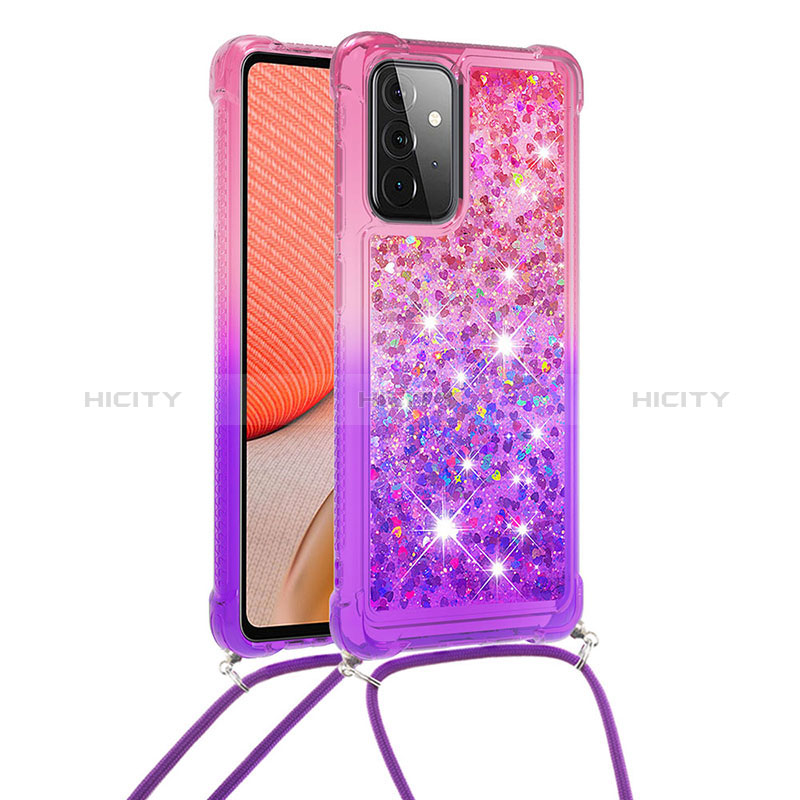 Silicone Candy Rubber TPU Bling-Bling Soft Case Cover with Lanyard Strap S01 for Samsung Galaxy A72 5G Hot Pink