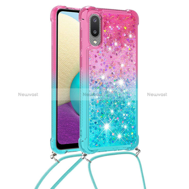 Silicone Candy Rubber TPU Bling-Bling Soft Case Cover with Lanyard Strap S01 for Samsung Galaxy M02 Hot Pink