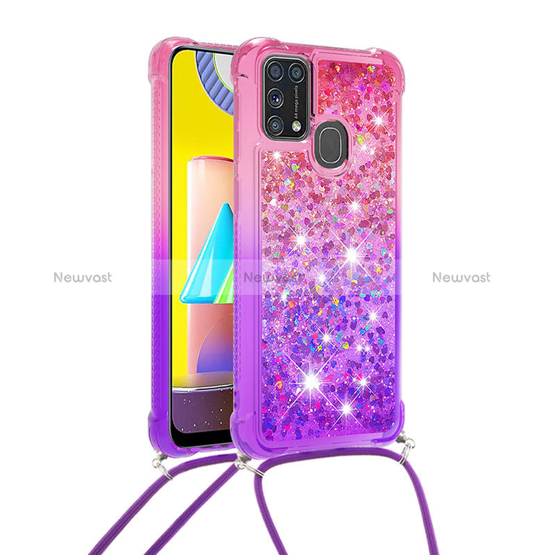 Silicone Candy Rubber TPU Bling-Bling Soft Case Cover with Lanyard Strap S01 for Samsung Galaxy M21s Hot Pink