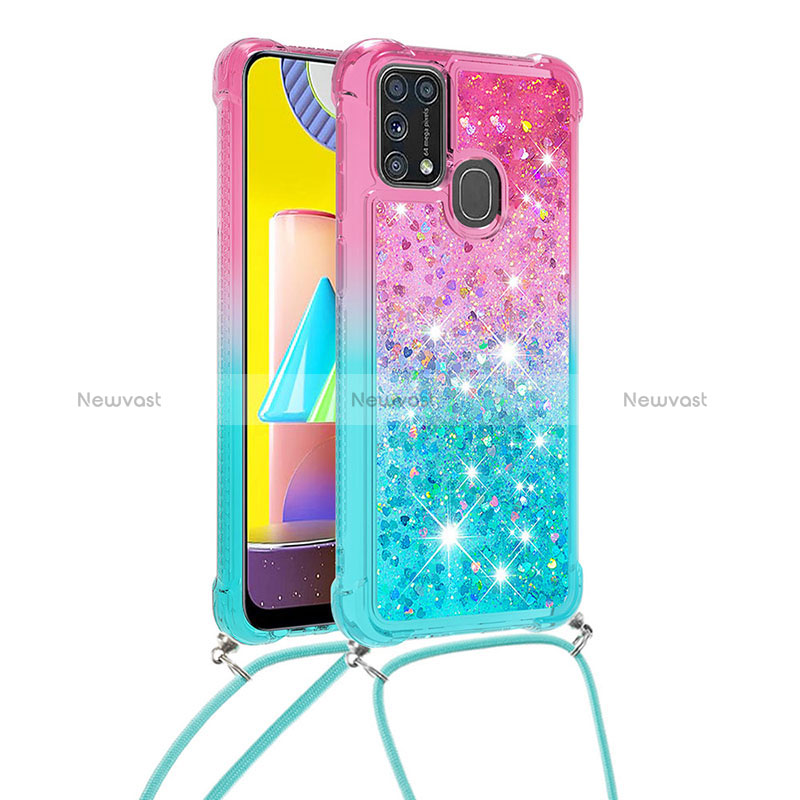 Silicone Candy Rubber TPU Bling-Bling Soft Case Cover with Lanyard Strap S01 for Samsung Galaxy M21s Pink
