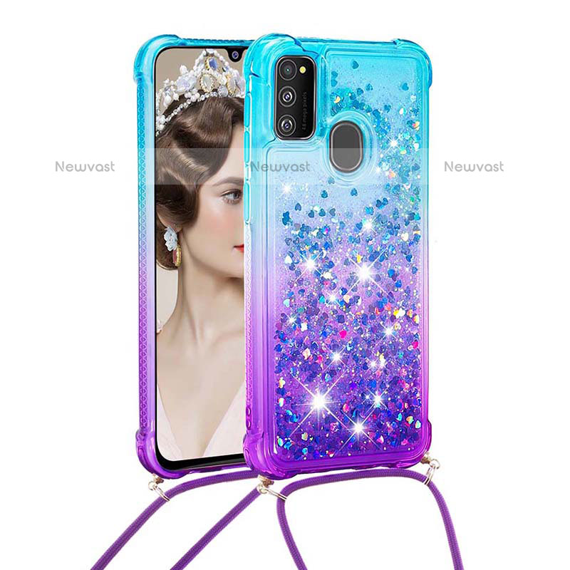 Silicone Candy Rubber TPU Bling-Bling Soft Case Cover with Lanyard Strap S01 for Samsung Galaxy M30s Sky Blue