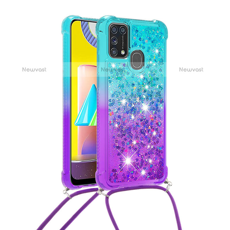 Silicone Candy Rubber TPU Bling-Bling Soft Case Cover with Lanyard Strap S01 for Samsung Galaxy M31 Sky Blue