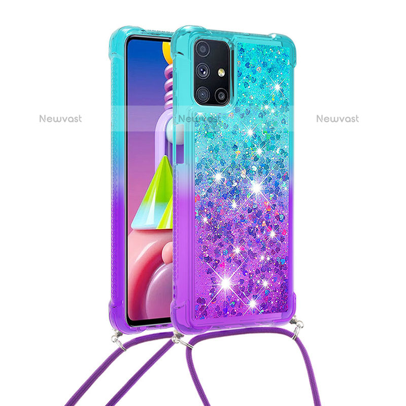 Silicone Candy Rubber TPU Bling-Bling Soft Case Cover with Lanyard Strap S01 for Samsung Galaxy M51 Sky Blue