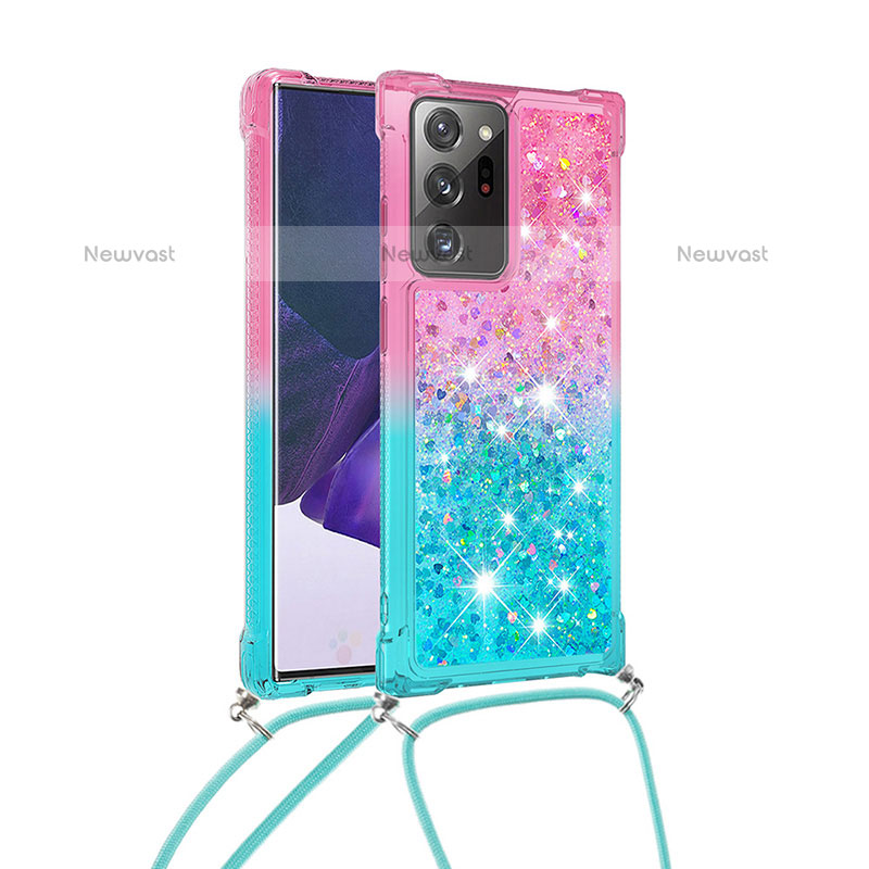 Silicone Candy Rubber TPU Bling-Bling Soft Case Cover with Lanyard Strap S01 for Samsung Galaxy Note 20 Ultra 5G Pink