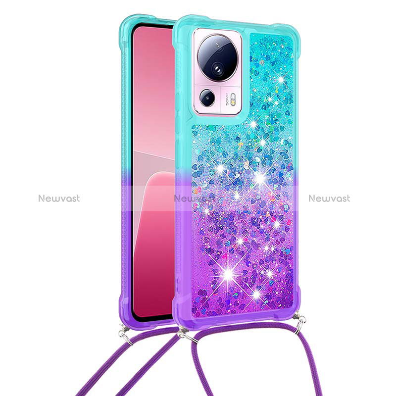 Silicone Candy Rubber TPU Bling-Bling Soft Case Cover with Lanyard Strap S01 for Xiaomi Mi 13 Lite 5G Sky Blue
