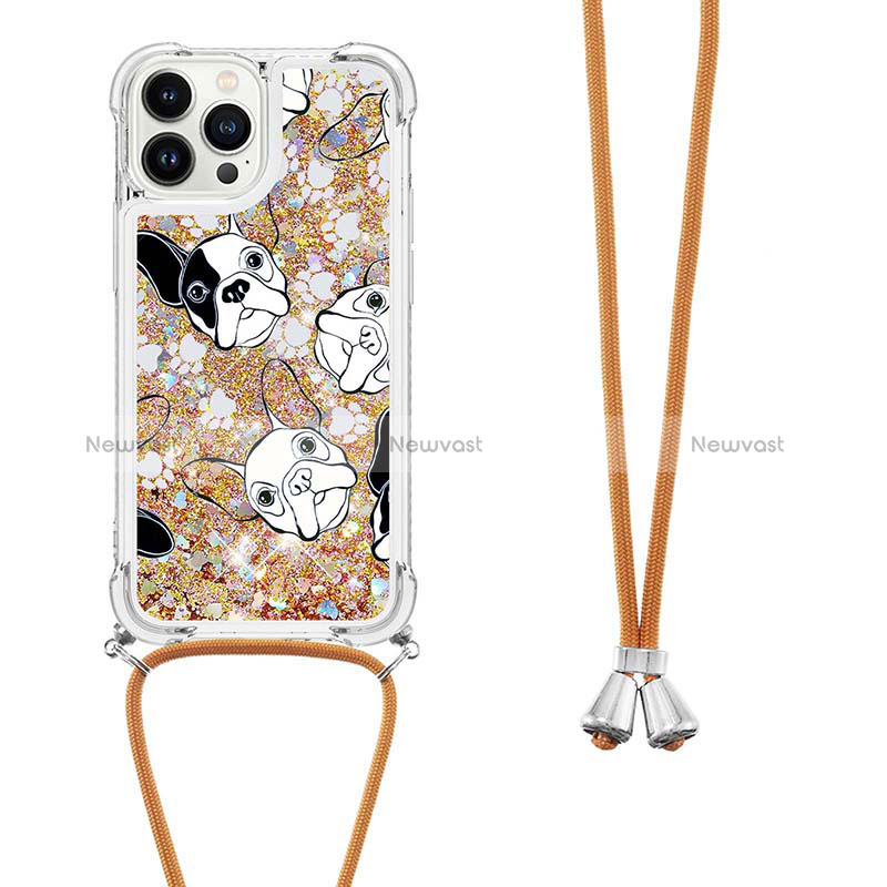 Silicone Candy Rubber TPU Bling-Bling Soft Case Cover with Lanyard Strap S02 for Apple iPhone 13 Pro Max Gold