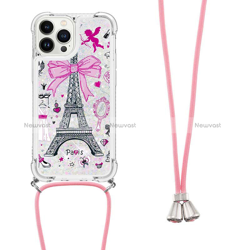 Silicone Candy Rubber TPU Bling-Bling Soft Case Cover with Lanyard Strap S02 for Apple iPhone 13 Pro Max White