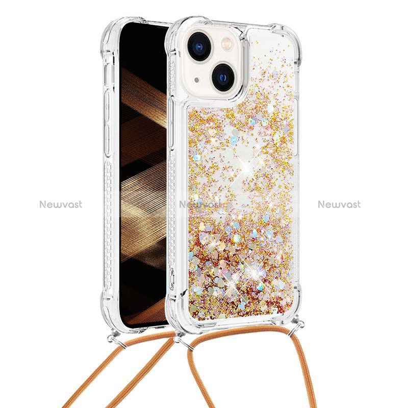 Silicone Candy Rubber TPU Bling-Bling Soft Case Cover with Lanyard Strap S02 for Apple iPhone 14 Plus Gold