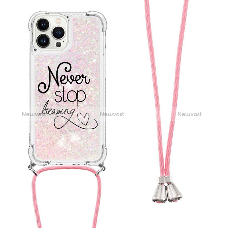 Silicone Candy Rubber TPU Bling-Bling Soft Case Cover with Lanyard Strap S02 for Apple iPhone 14 Pro